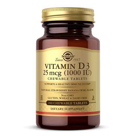 Solgar, Vitamin D3 (Cholecalciferol) 25 mcg (1000 IU) Chewable Tablets - Natural Strawberry ...