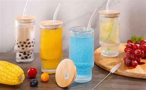 Buy KiKiluxxa Ribbed Drinking Glasses Tumbler Set of 1 Bamboo Lids and ...