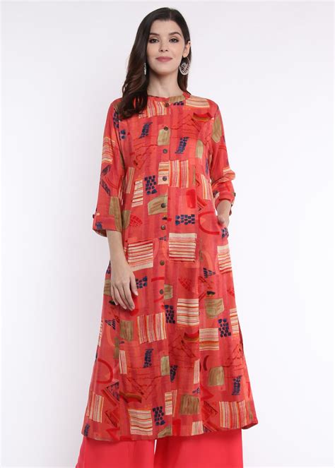 Get Abstract Print Band Collar Coral Kurta at ₹ 1499 | LBB Shop