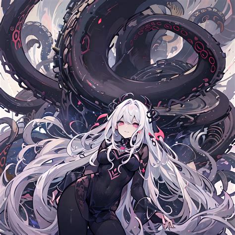 Anime girl with long white hair and black outfit standing in front of ...