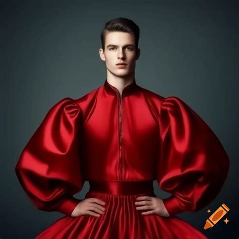 Handsome young man in red satin floor-length dress with high collar and ...