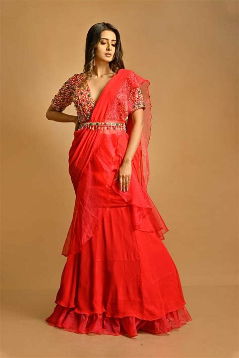 Nirmal Creations "Rouge" Red Georgette Drape Saree With Heavy Blouse ...