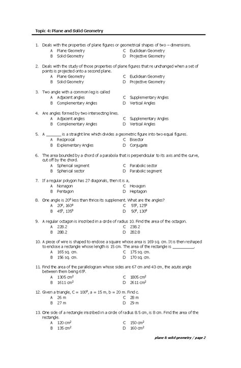 Plane and Solid Geometry Practice Problems - Topic 4: Plane and Solid ...