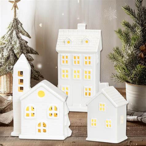 White Ceramic Christmas Village Houses,Christmas House Night Light,LED ...
