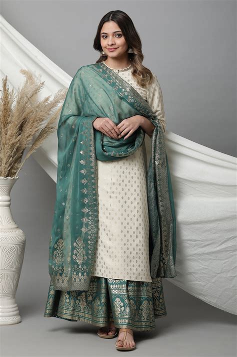 Buy Green Floral Gold Printed Rectangular Woven Dupatta Online for ...