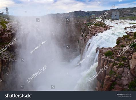 Overflown Waterfall Dam Pathfinder Reservoir Wyoming Stock Photo ...