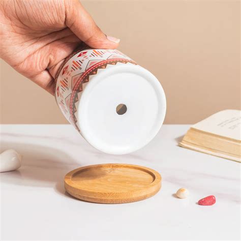 Noor Art Multicolor Ceramic Planter With Wooden Coaster Online ...