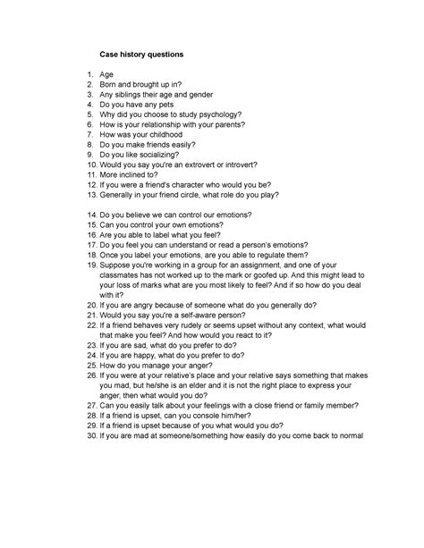 Case history questions - Case history questions Age Born and brought up ...
