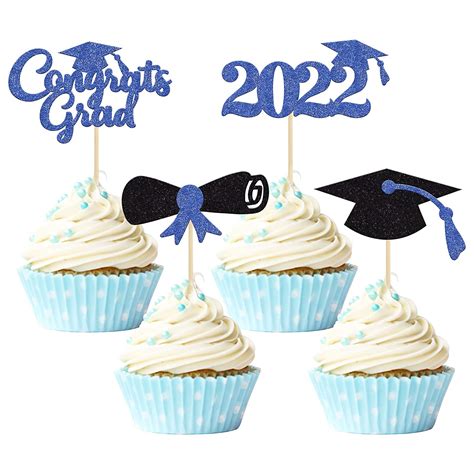 Buy Gyufise 24Pcs 2022 Graduation Cupcake Toppers Blue Glitter Congrats ...