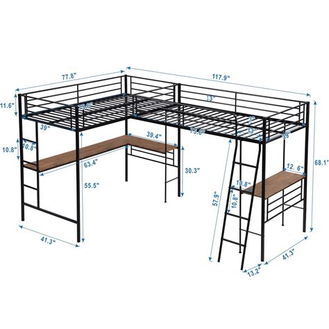 L-Shape Loft Beds With Two Desk Metal Double Twin Size Loft Beds Frame ...