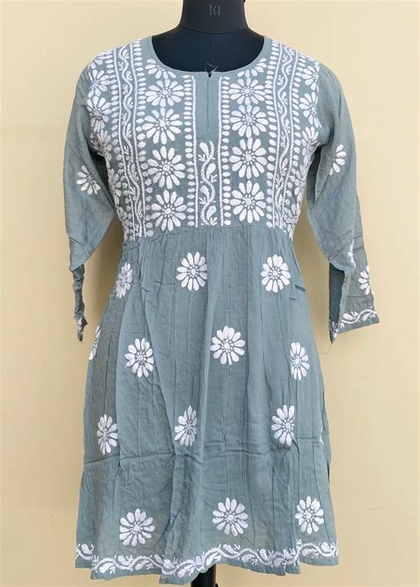 Lucknowi Chikankari Short Kurti Gray Modal Cotton – Chikirpolo