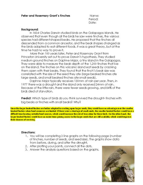 Grant's Finches - Peter and Rosemary Grant’s Finches Name: Period: Date ...