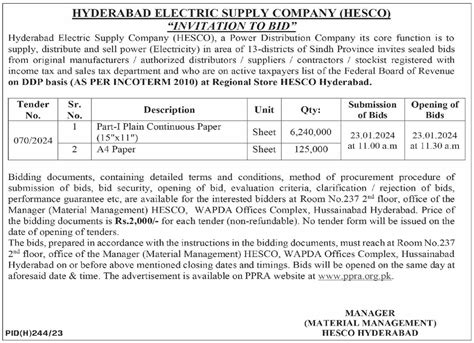 Tender for Procurement of Paper at Hyderabad Electric Supply Company ...
