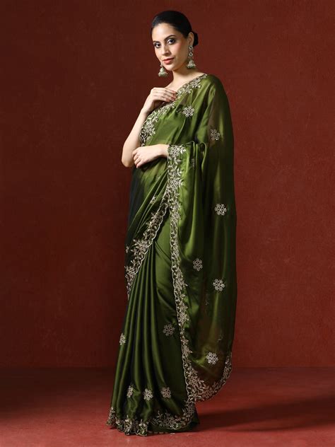 Ethnic Motifs Embroidered Sequinned Saree in green – Sarha