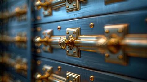 Closeup of gold hardware on a blue cabinet | Premium AI-generated image