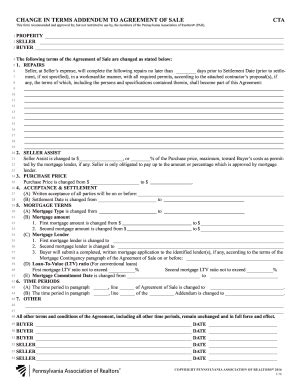 Change in Terms Addendum to Agreement of Sale - Blank Fillable Template ...