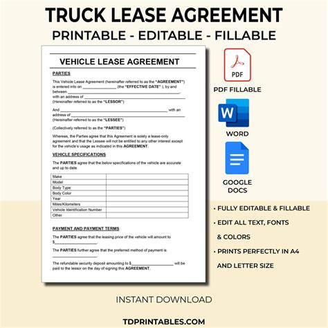 Truck Lease Agreement Template. PDF Fillable & Printable. Editable Ms ...