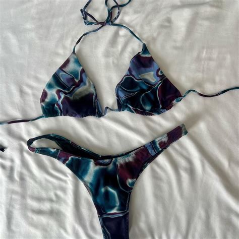 white fox swim mesh abstract triangle bikini set -... | Depop