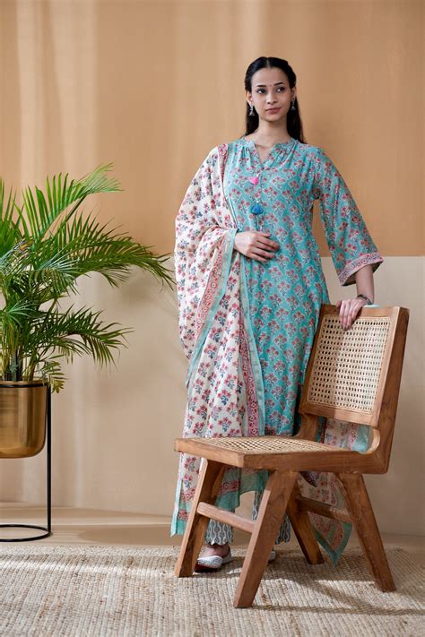 Zarin Tuquoise Chanderi Suit Set of 3 – fabriclane.co.in