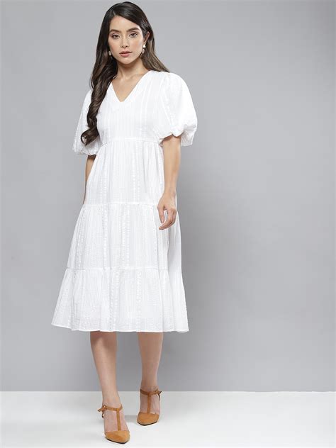 Buy FEMMELLA White Cotton Tiered Midi Dress - Dresses for Women ...