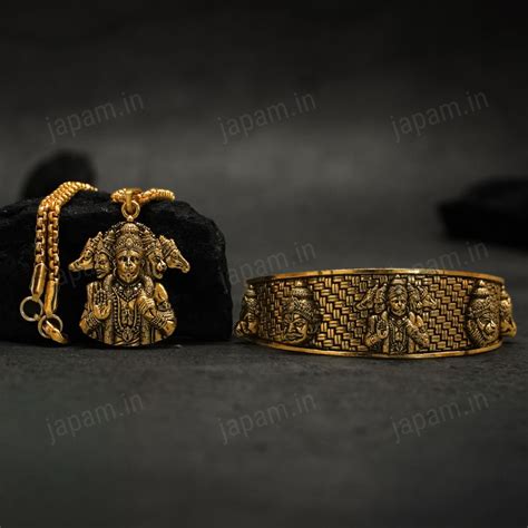 Gold Plated Panchmukhi Hanuman Ji Necklace & Bracelet Combo – Japam