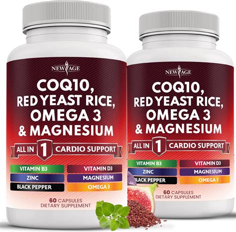 Amazon.com: NEW AGE COQ10 200mg Red Yeast Rice 3000mg Omega 3-6-9 3000mg Magnesium Complex 500mg ...