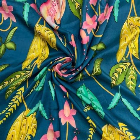 Premium Teal Blue Colour Floral Pure Dupion Silk Print Fabric Fabric ...