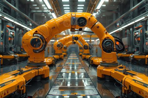 Robotic arms work on a car in a factory, an example of industrial AI