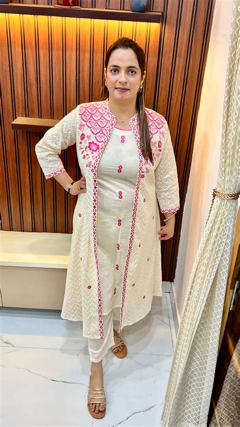 Pure Cotton Schiffli A-Line Suit with Detachable Shrug (Model Wearing ...
