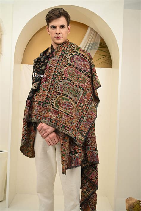 Pashtush Mens Extra Fine Wool Shawl, Nalki Hand Embroidery Design, Bla ...