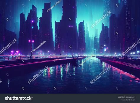 Cyberpunk Neon City Night Futuristic City Stock Illustration 2215439831 ...