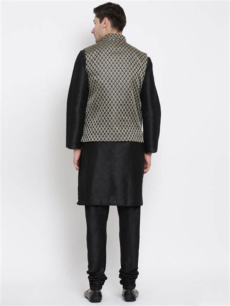 VM BY VASTRAMAY Men's Black Silk Blend Jacket with Kurta Pyjama Set ...