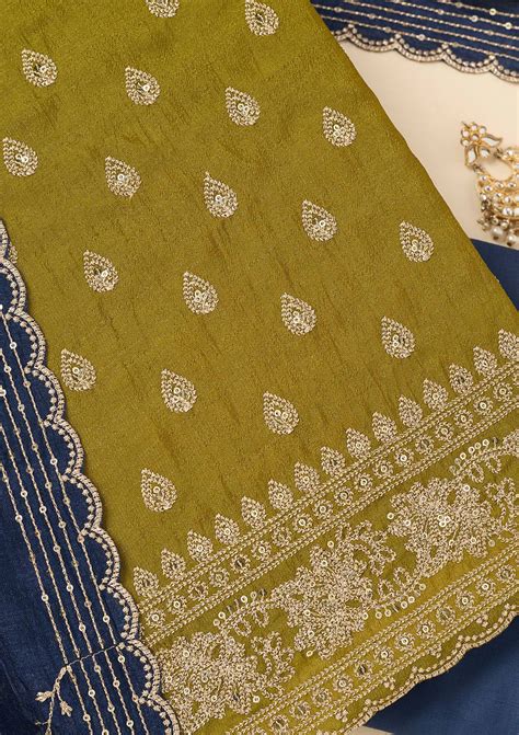 Buy Parrot Green Zariwork Soft Raw Silk Unstitched Salwar Suit - Koskii