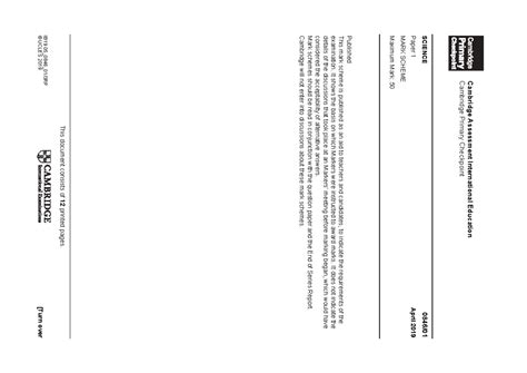 Cambridge Primary Checkpoint Science Paper 1 Mark Scheme - April 2019 ...