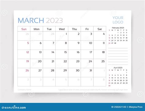 March 2023 Template, Calendar 2023 Design Vector, Planner Layout, Week ...