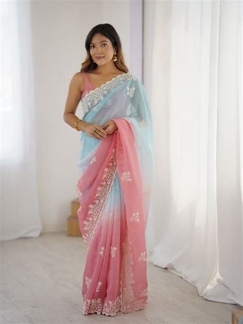 Pastel Pink & Blue Saree with Golden Embroidery for Festive & Wedding ...