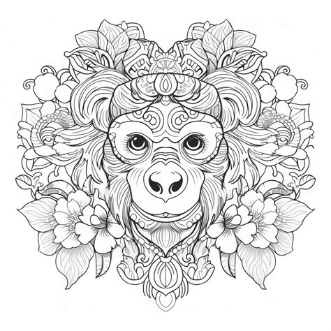 Premium Photo | A coloring page with a monkey with flowers and leaves ...