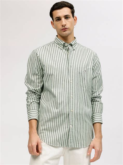 Shop Gant Men Green Striped Button-down Collar Full Sleeves Linen Shirt ...