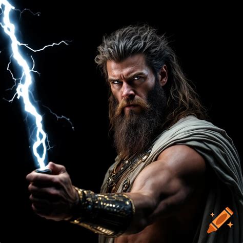 Chris Hemsworth as Zeus holding lightning bolt on Craiyon