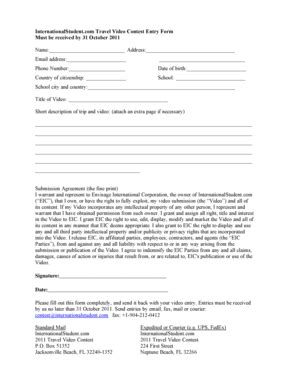 Fillable Online ( 2011 Travel Video contest form ) - International ...