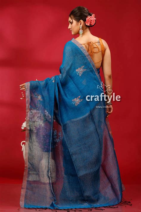 Denim Blue Copper Zari Intricate Linen Jamdani Saree – Craftyle