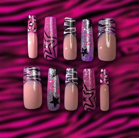 Y2K Animal Print Press-on Nails | Punk nails, Long acrylic nails, Pink ...