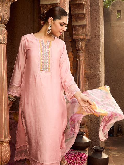 Powder Pink Gota Embroidered Chanderi Kurta with Pants- Set of 2
