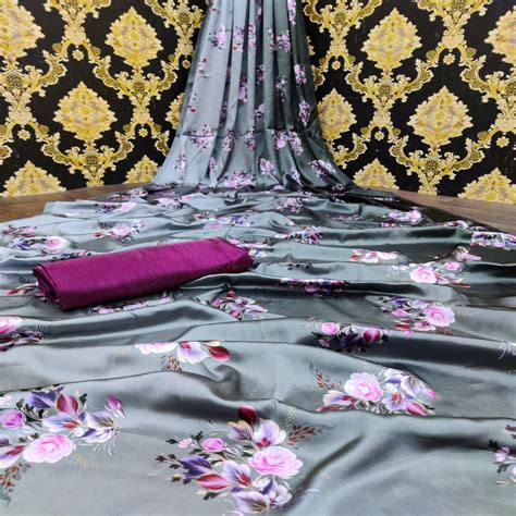 Grey Casual Wear Floral Digital Printed Satin Saree