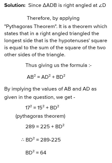 8. In the below given figure, ADB = 90°, AB = 17 cm, AC = 25 cm and AD ...