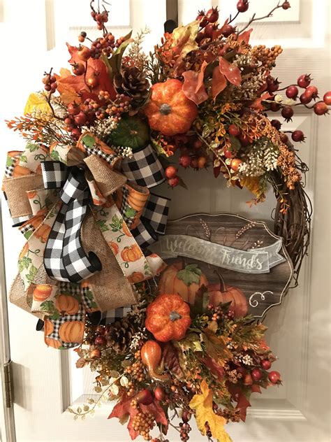 Fall Grapevine Wreath: Buffalo Check Bow, Pumpkin Farmhouse Decor ...