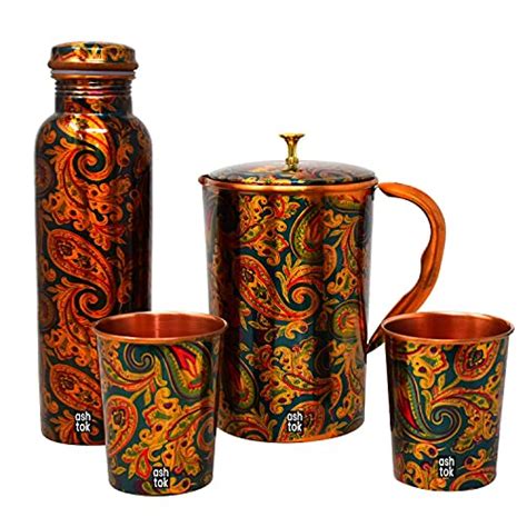 Copper Water Bottle with 2 Glasses and 1 Jug. Printed drinkware Set ...
