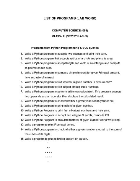 11 Sci CS Practicals - LIST OF PROGRAMS (LAB WORK) COMPUTER SCIENCE ...