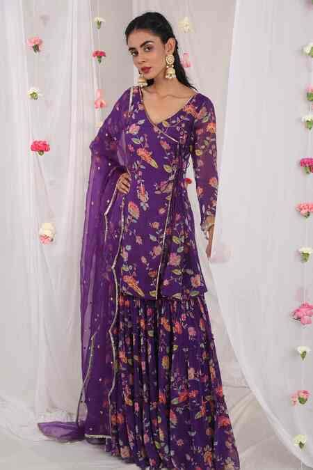Buy Purple Organza, Georgette, Semi Crepe Floral Motifs Printed ...