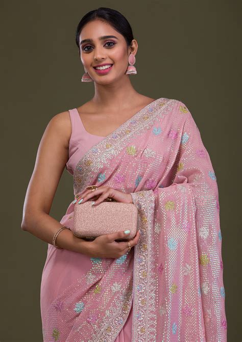 Buy Pink Sequins Georgette Saree - Koskii